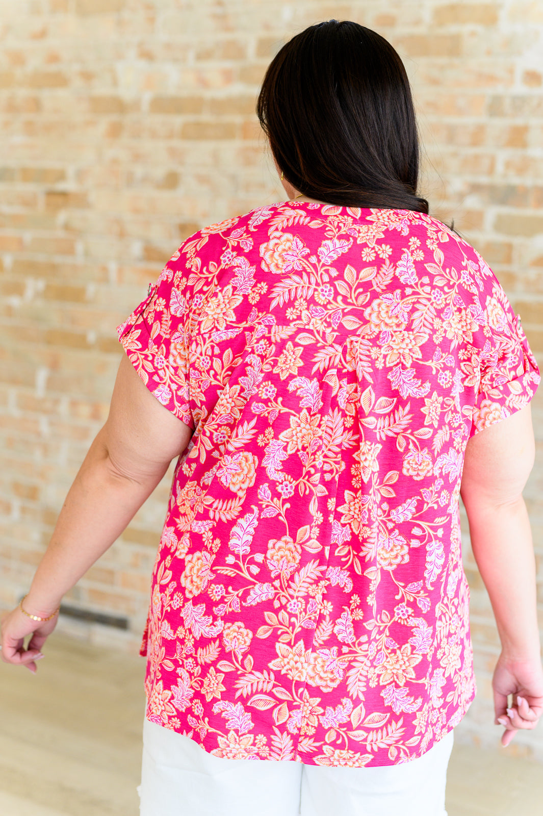 Hazel Blues® |  Lizzy Cap Sleeve Top in Pink and Peach Floral