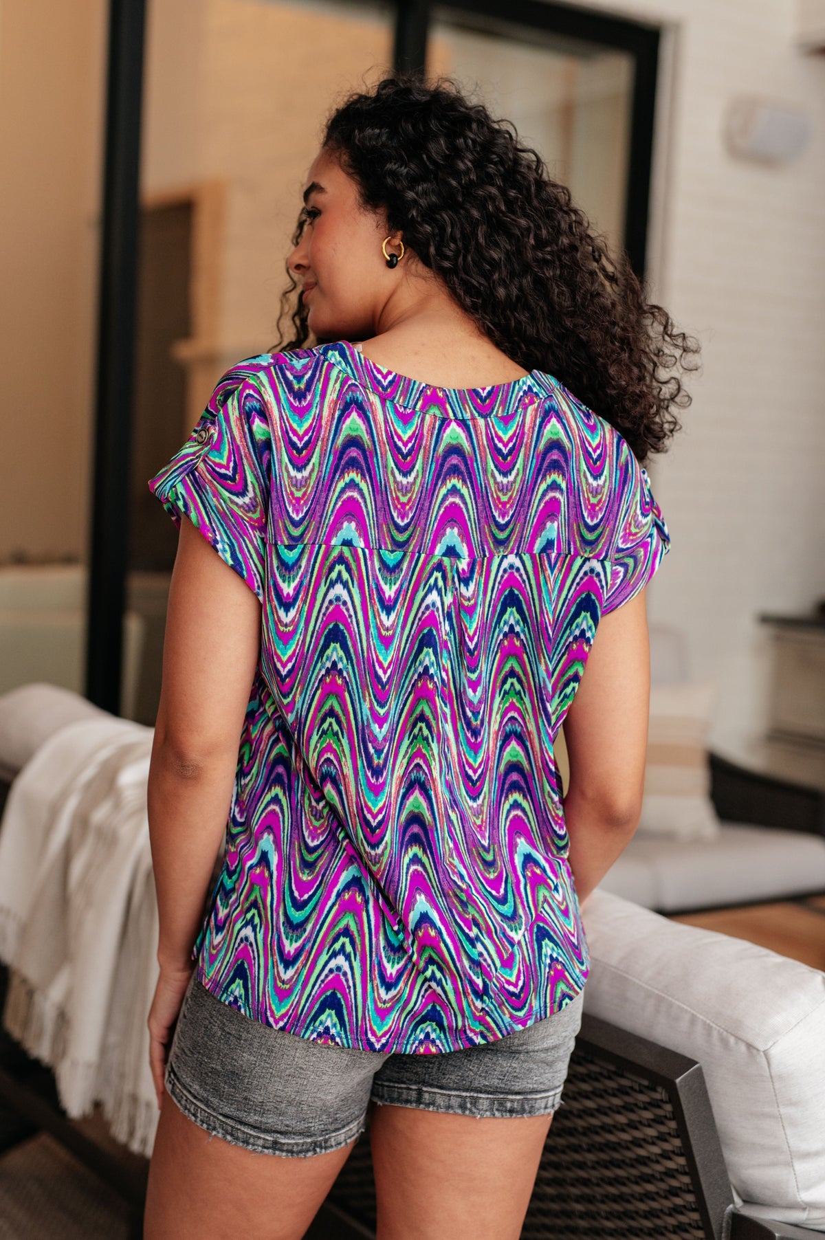 Hazel Blues® |  Lizzy Cap Sleeve Top in Purple Multi Marble