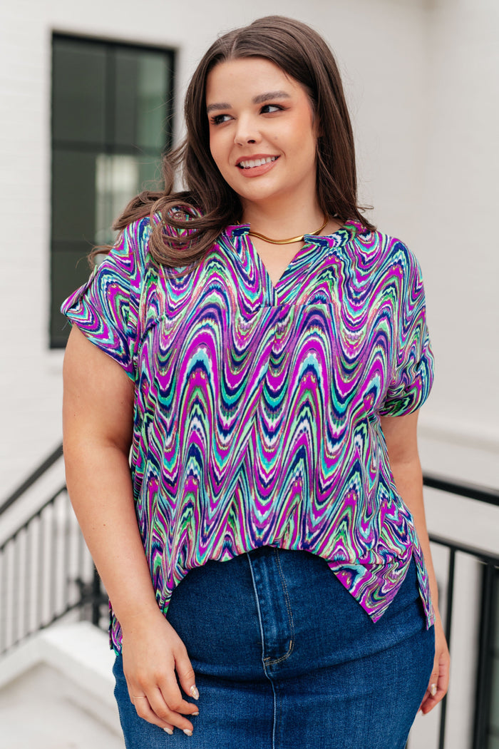 Hazel Blues® |  Lizzy Cap Sleeve Top in Purple Multi Marble