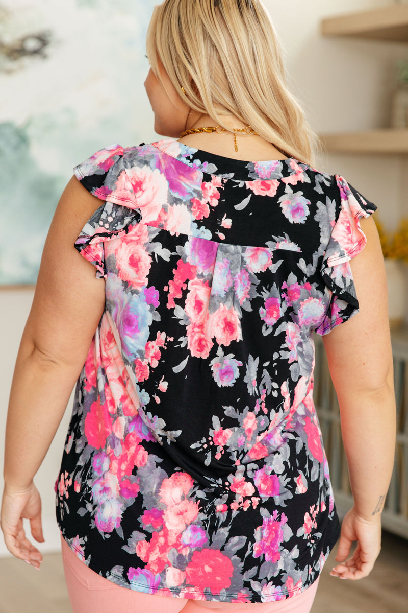 Hazel Blues® |  Lizzy Flutter Sleeve Top in Black and Dusty Pink Floral
