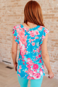 Hazel Blues® |  Lizzy Flutter Sleeve Top in Blue and Pink Roses