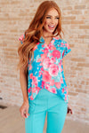 Hazel Blues® |  Lizzy Flutter Sleeve Top in Blue and Pink Roses