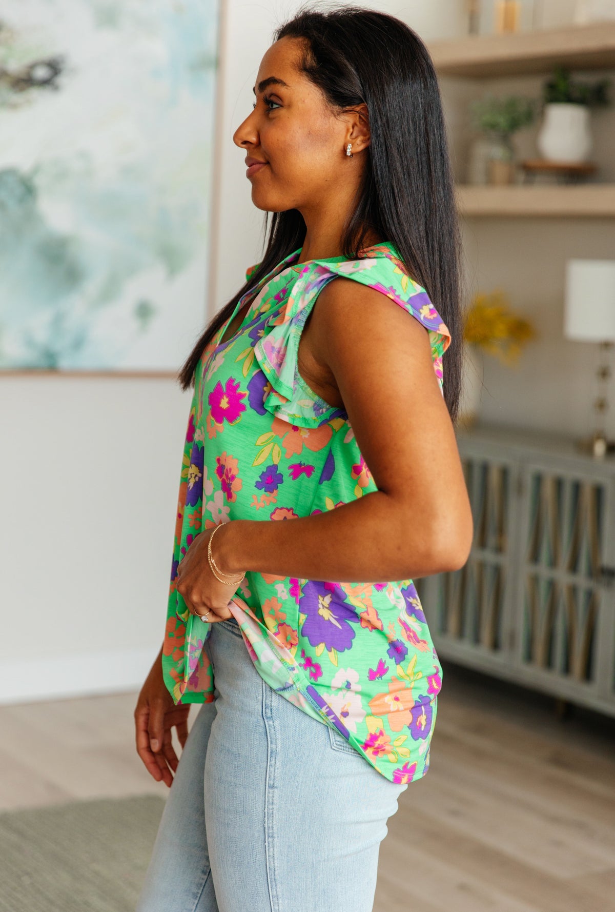 Hazel Blues® |  Lizzy Flutter Sleeve Top in Emerald and Purple Floral