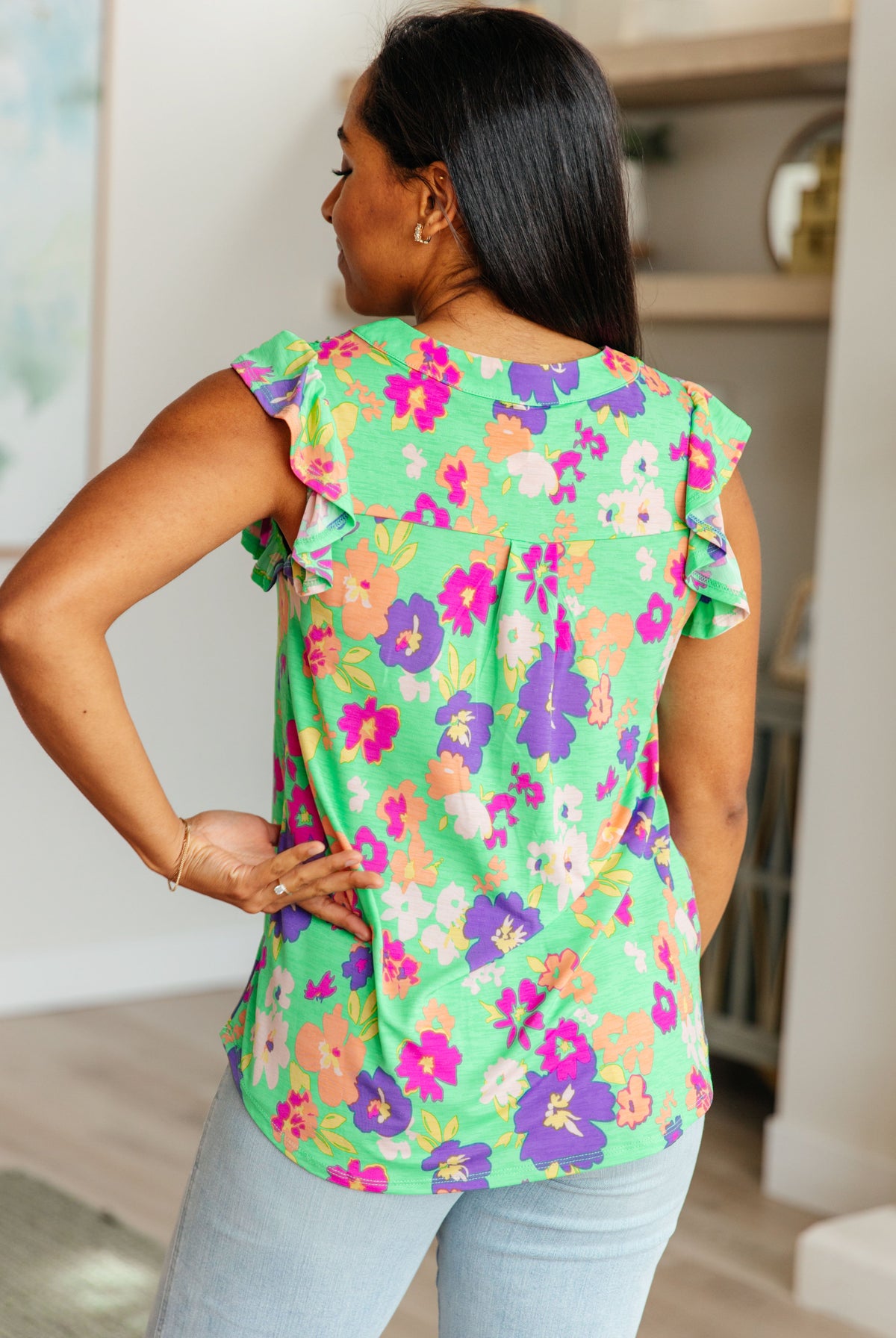 Hazel Blues® |  Lizzy Flutter Sleeve Top in Emerald and Purple Floral