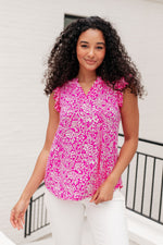 Hazel Blues® |  Lizzy Flutter Sleeve Top in Hot Pink and White Floral