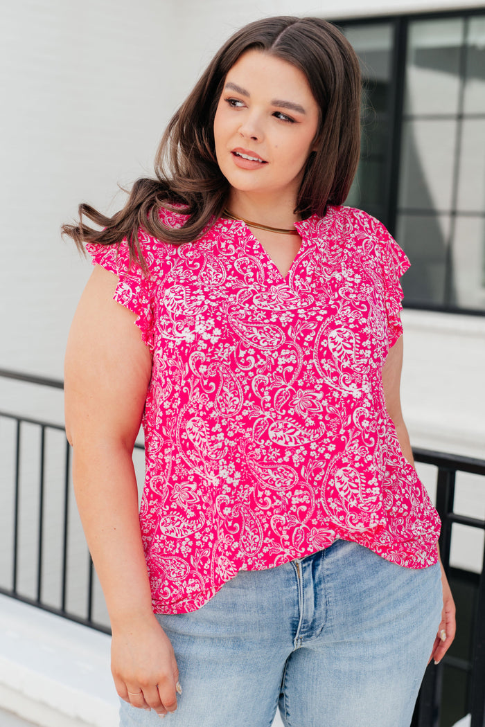 Hazel Blues® |  Lizzy Flutter Sleeve Top in Hot Pink and White Floral