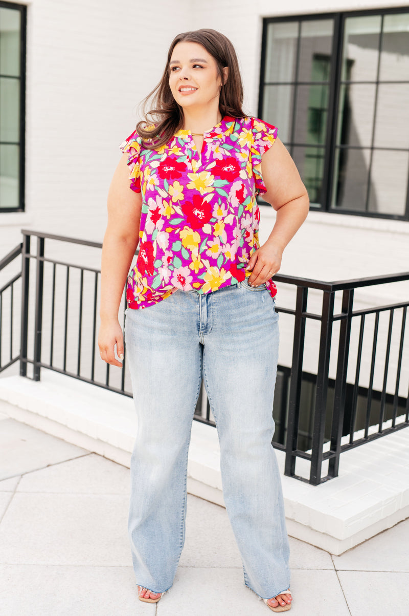 Hazel Blues® |  Lizzy Flutter Sleeve Top in Magenta and Yellow Floral