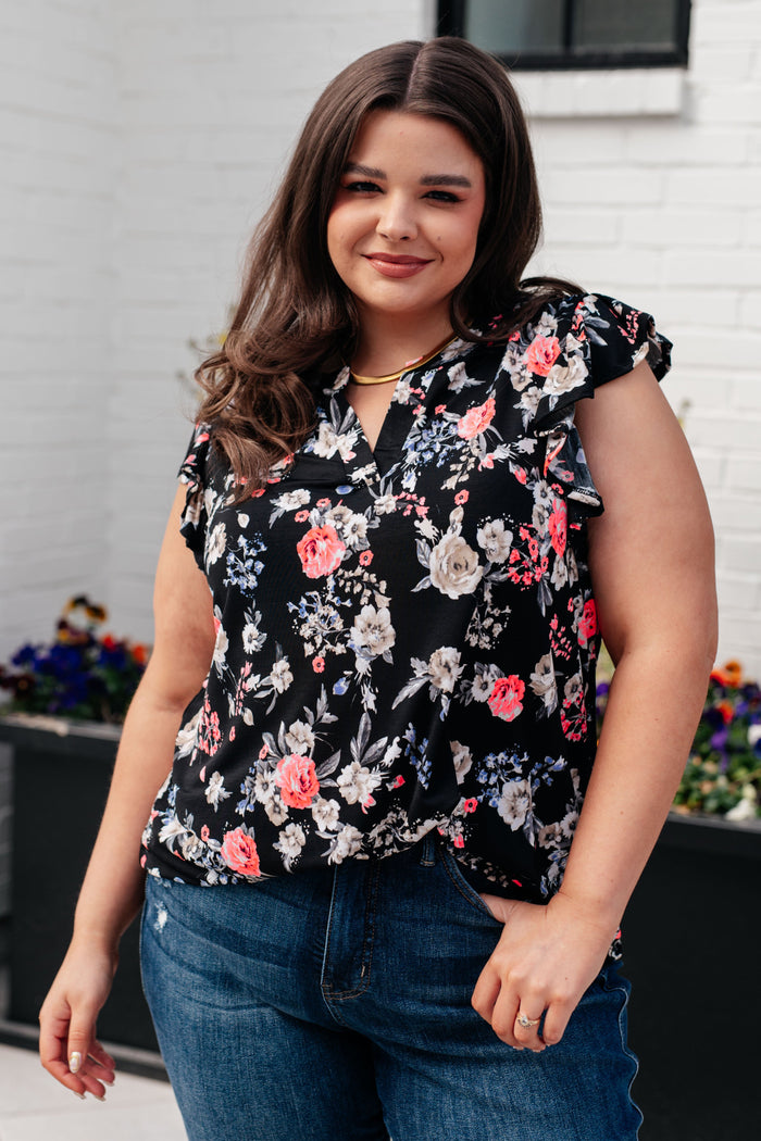 Hazel Blues® |  Lizzy Flutter Sleeve Top in Black and Muted Pink Floral