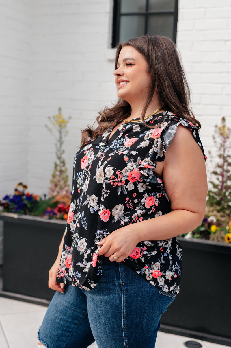 Hazel Blues® |  Lizzy Flutter Sleeve Top in Black and Muted Pink Floral
