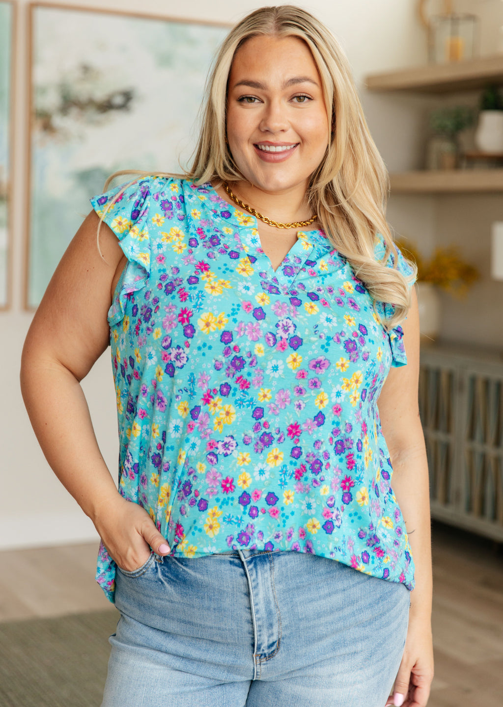 Hazel Blues® |  Lizzy Flutter Sleeve Top in Teal and Purple Floral