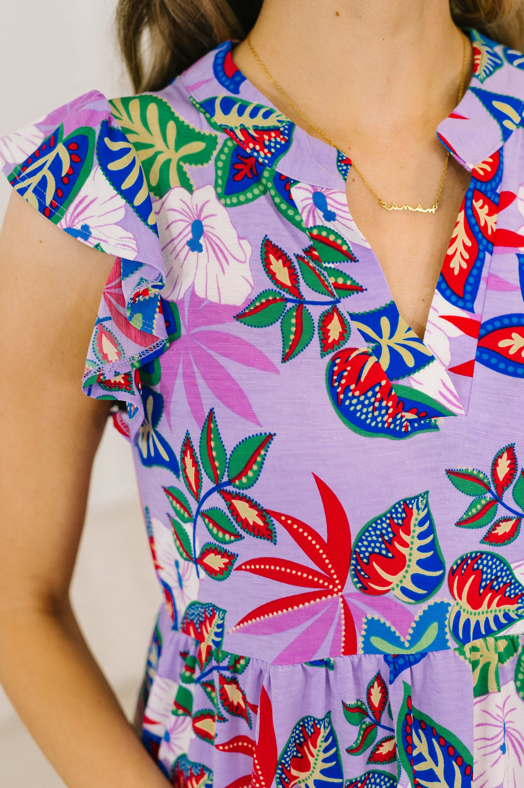 Lizzy Flutter Sleeve Dress in Multi Leaf