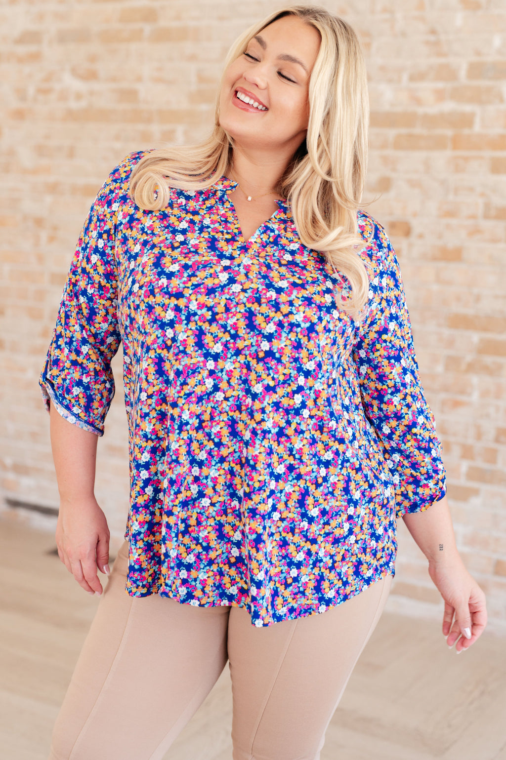 Hazel Blues® |  Lizzy Top in Blue and Pink Retro Ditsy Floral