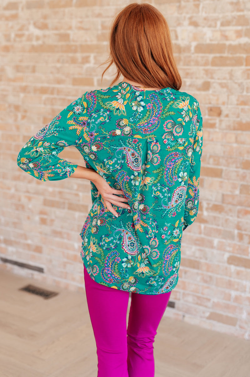 Hazel Blues® |  Lizzy Top in Emerald and Purple Paisley