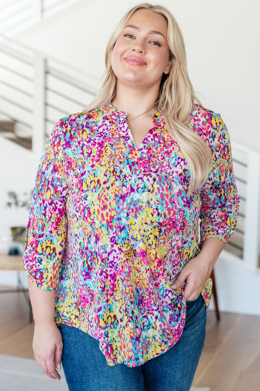 Hazel Blues® |  Lizzy Top in Magenta and Lime Painted Abstract