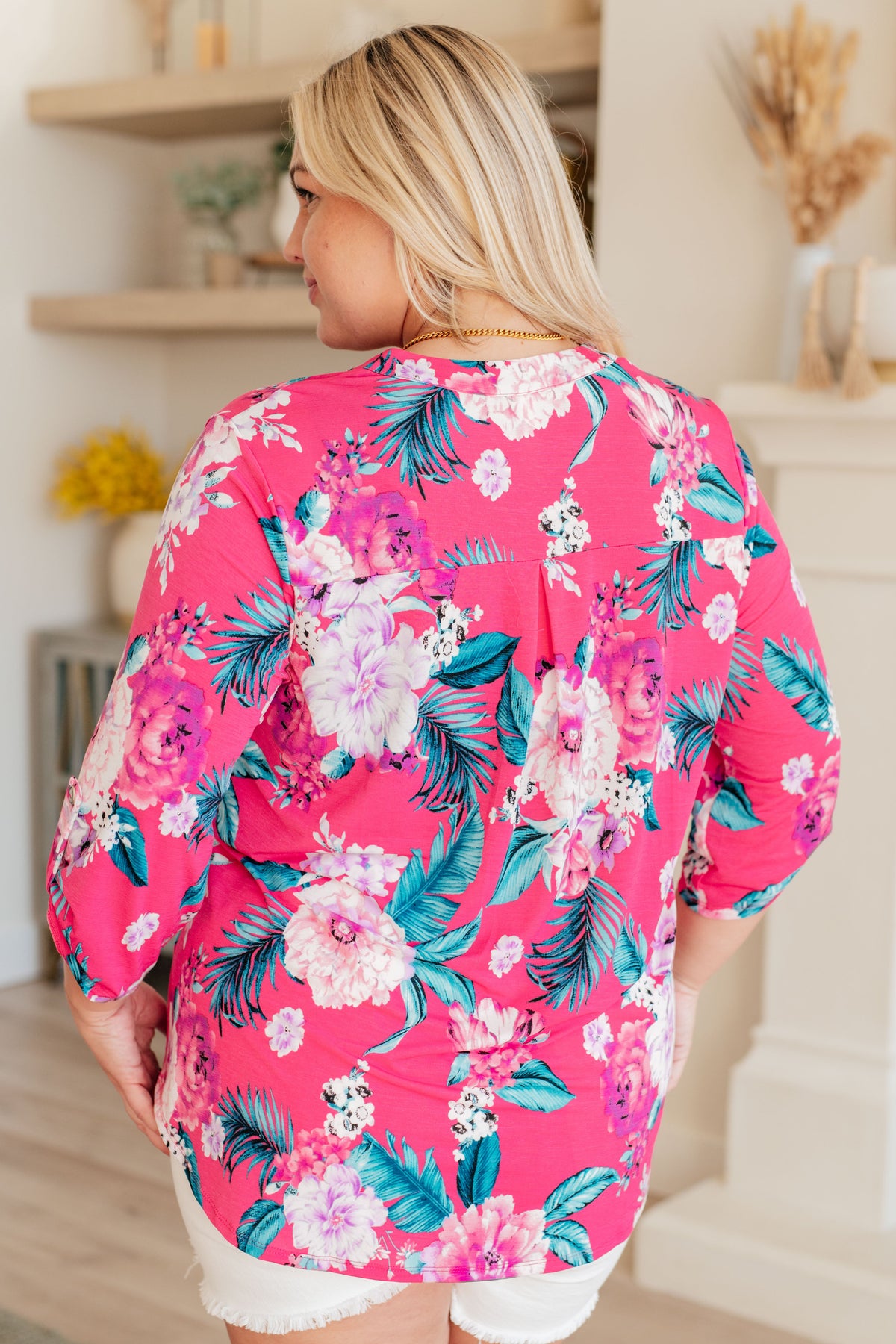 Hazel Blues® |  Lizzy Top in Magenta and Teal Tropical Floral