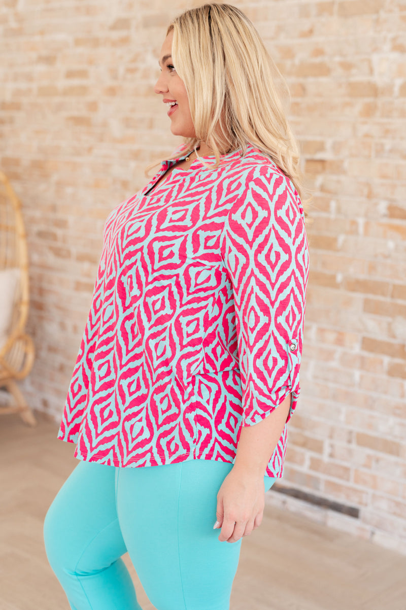 Hazel Blues® |  Lizzy Top in Mint and Pink Ikat