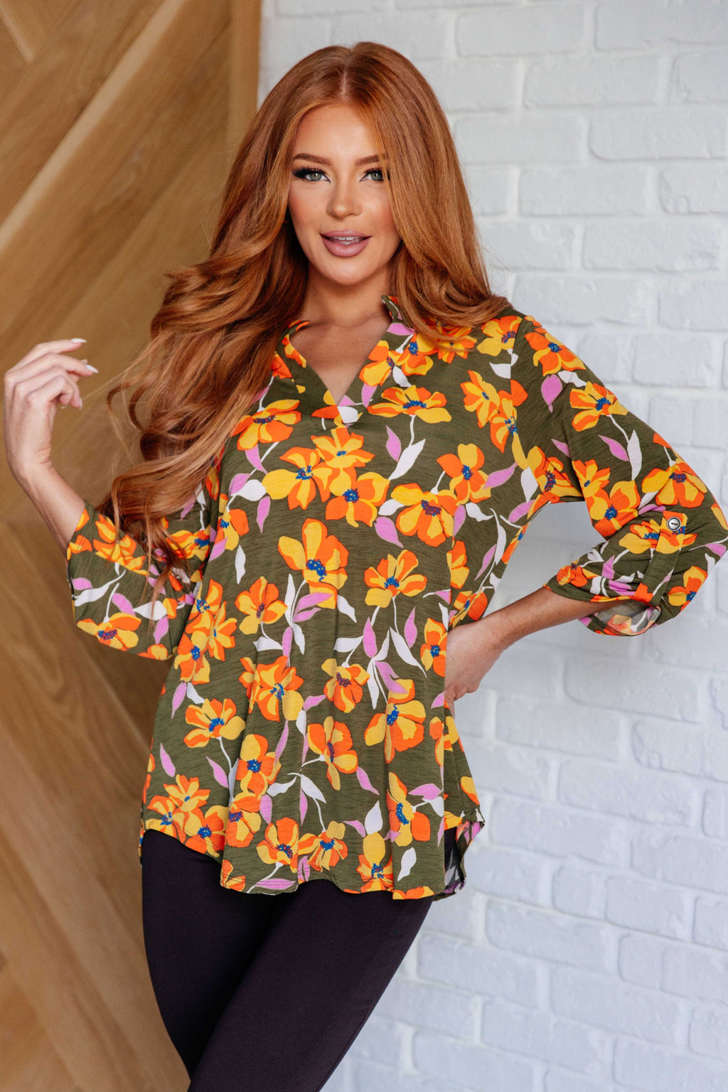 Hazel Blues® |  Lizzy Top in Olive and Mustard Floral