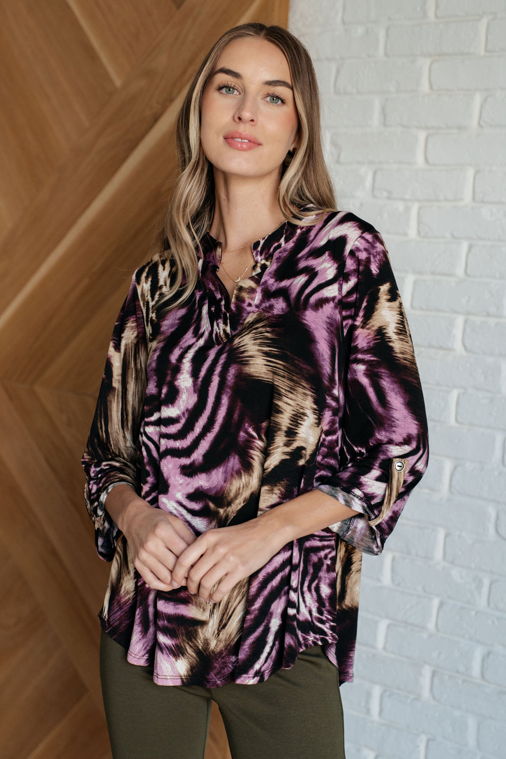 Hazel Blues® |  Lizzy Top in Purple and Taupe Animal Print
