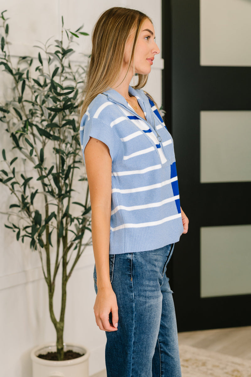 Hazel Blues® |  Lonely Traveler Striped Quarter Zip Vest in Blue