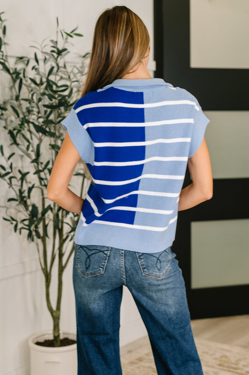 Hazel Blues® |  Lonely Traveler Striped Quarter Zip Vest in Blue