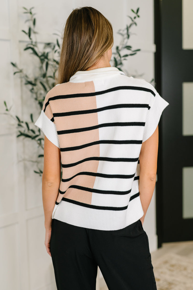 Hazel Blues® |  Lonely Traveler Striped Quarter Zip Vest in White