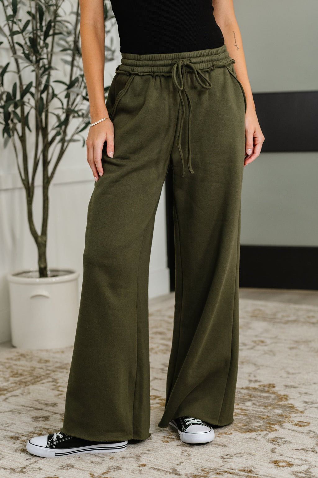 Hazel Blues® |  Lounge Line Wide Leg Sweats in Dark Olive