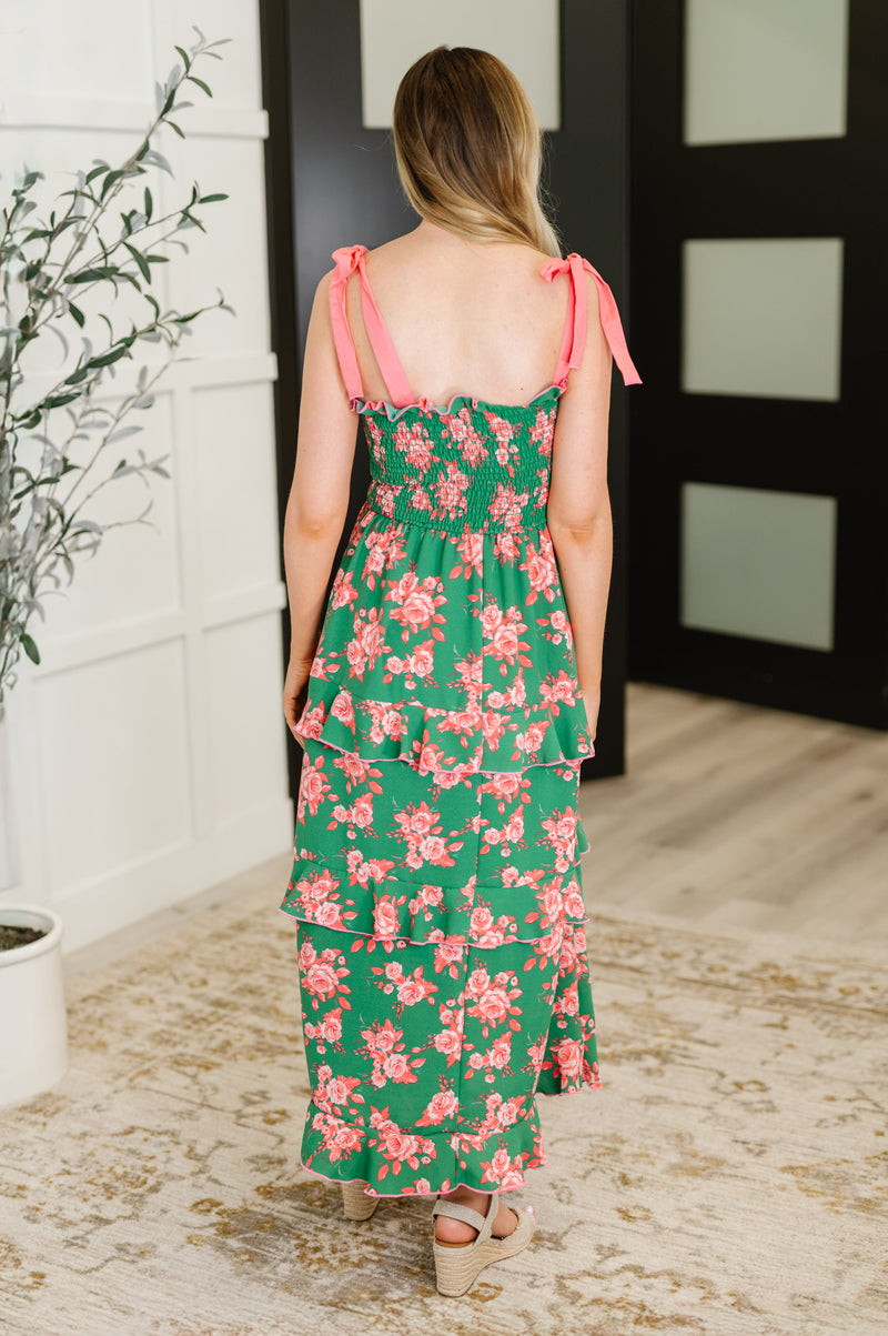 green and coral dress Kieran Balloon Sleeve Maxi Dress - Green + Bright Coral Bright Green + Bright Coral