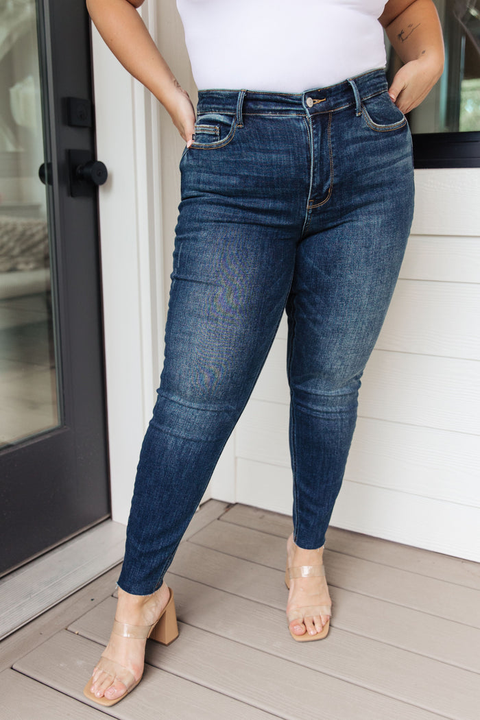 Hazel Blues® |  Lydia Mid Rise Vintage Raw Hem Skinny Jeans