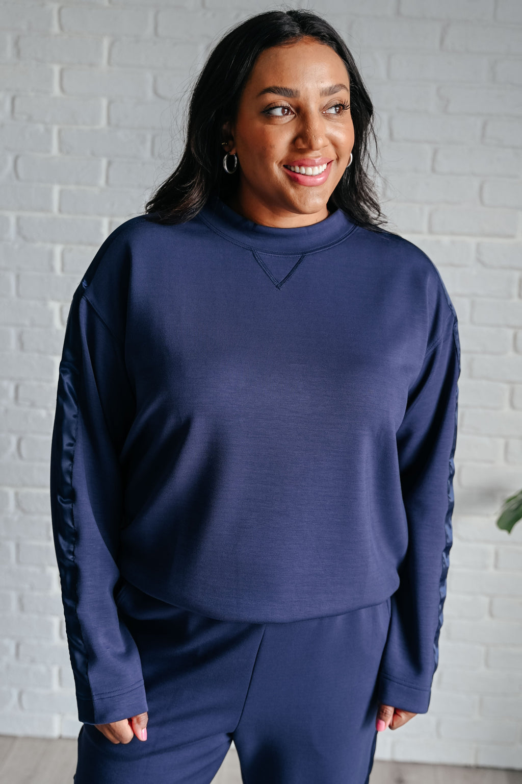 Hazel Blues® |  Lysa Satin Stripe Pullover in Smoky Navy