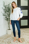 Hazel Blues® |  PREORDER: Machine Embroidered Details Ruffle Neck Blouse