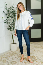 Hazel Blues® |  PREORDER: Machine Embroidered Details Ruffle Neck Blouse