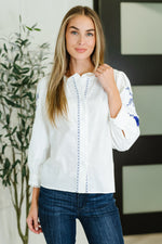 Hazel Blues® |  PREORDER: Machine Embroidered Details Ruffle Neck Blouse