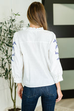 Hazel Blues® |  PREORDER: Machine Embroidered Details Ruffle Neck Blouse