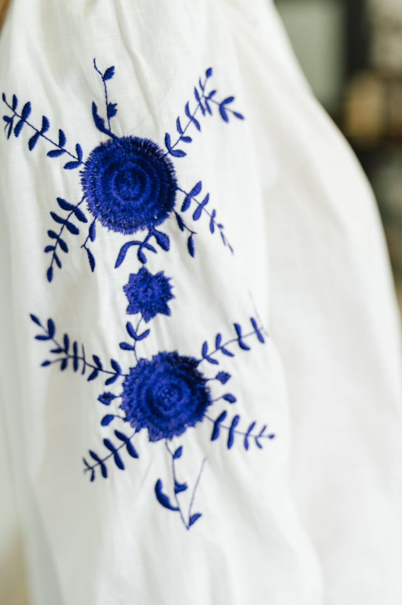 Hazel Blues® |  PREORDER: Machine Embroidered Details Ruffle Neck Blouse