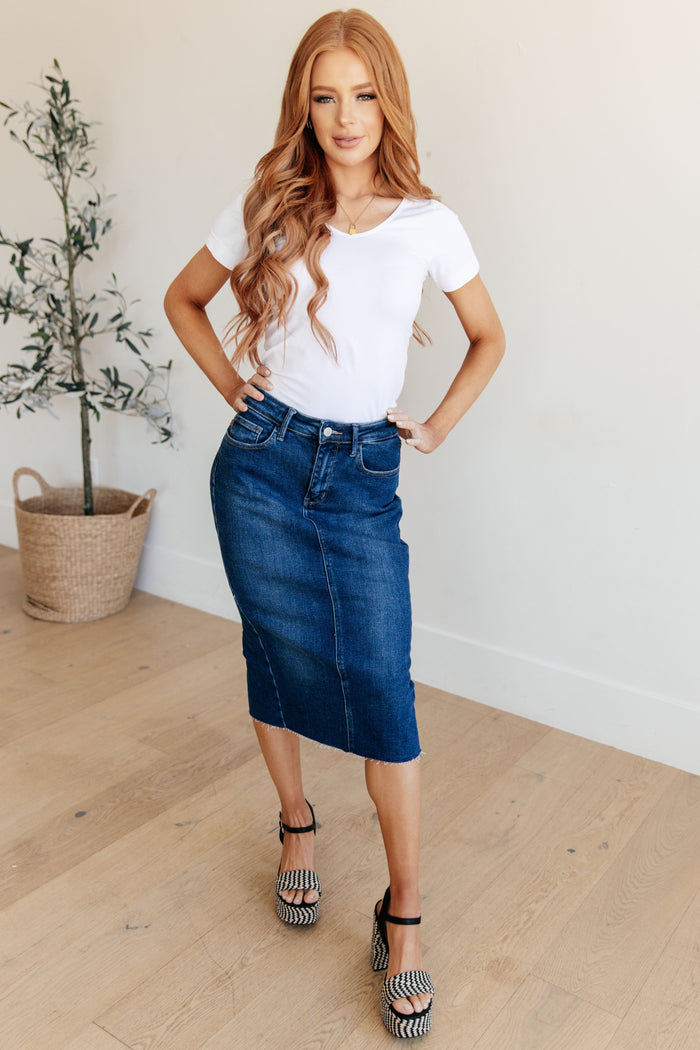 Hazel Blues® |  Marcy High Rise Denim Midi Skirt