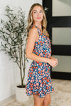 Hazel Blues® |  Meadow Mischief Sleeveless Romper in Navy/Orange/Teal