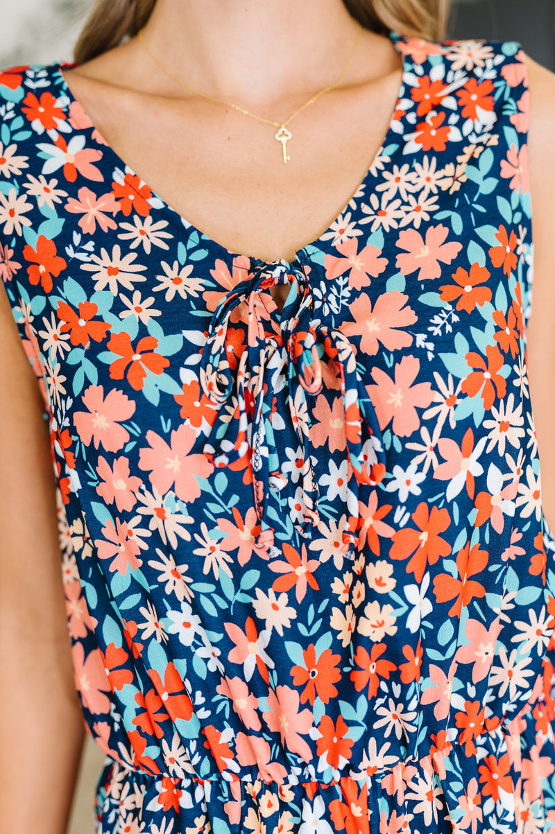 Hazel Blues® |  Meadow Mischief Sleeveless Romper in Navy/Orange/Teal