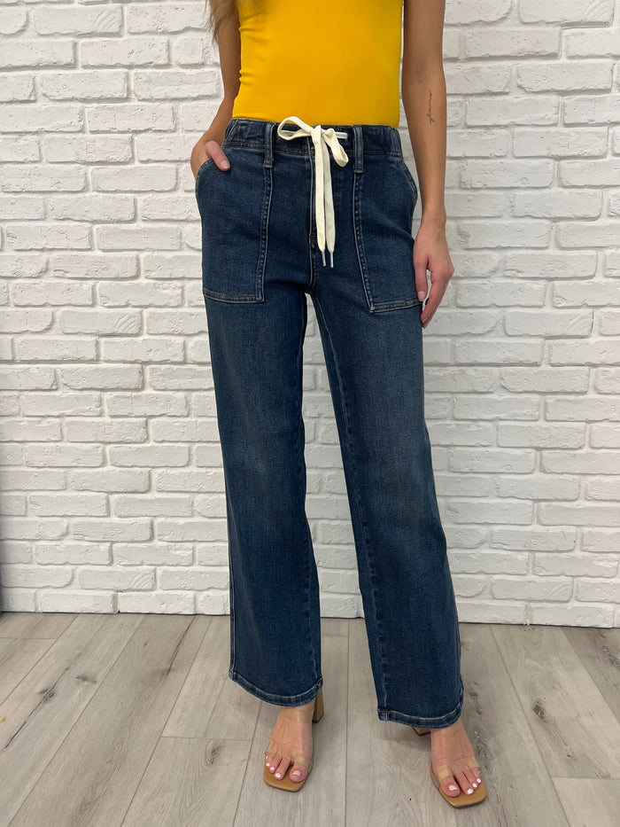 Hazel Blues® |  Melanie High Rise Drawstring Wide Leg Jeans