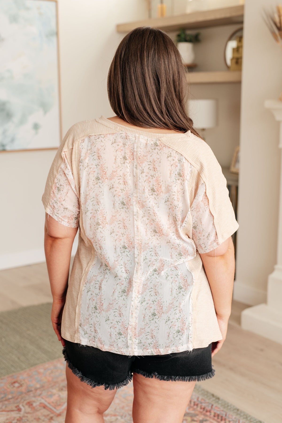 Hazel Blues® |  Mention Me Floral Accent Top in Toasted Almond