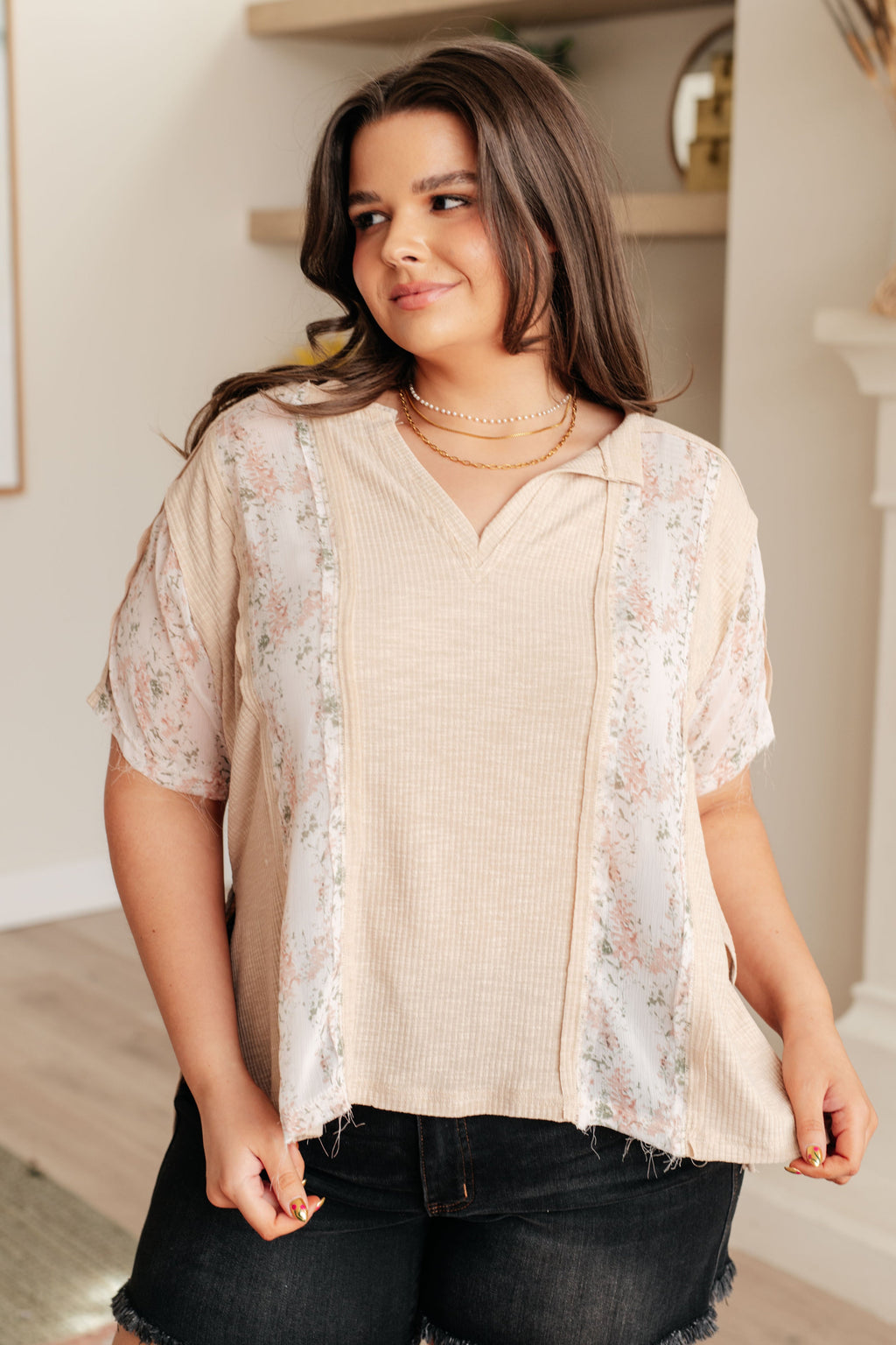 Hazel Blues® |  Mention Me Floral Accent Top in Toasted Almond