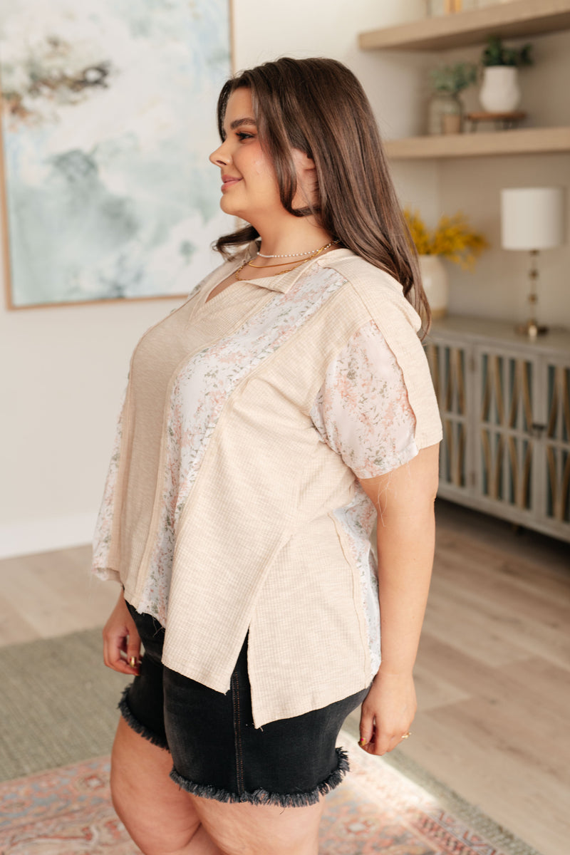 Hazel Blues® |  Mention Me Floral Accent Top in Toasted Almond