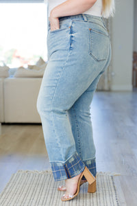 Hazel Blues® |  Miranda High Rise Plaid Cuff Vintage Straight Jeans