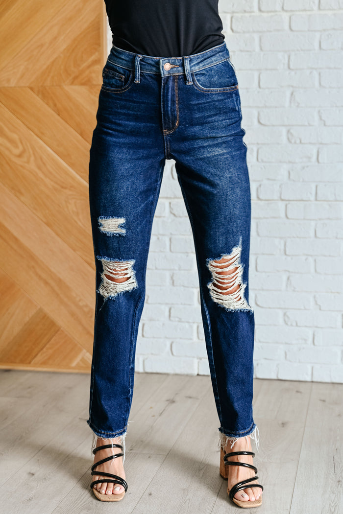 Hazel Blues® |  Montana High Rise Rigid Magic Distressed Straight Jeans