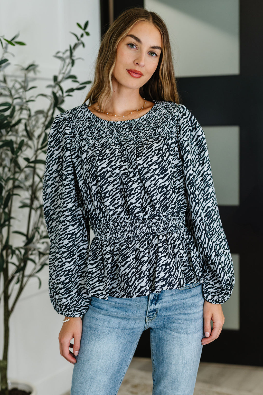 Hazel Blues® |  Muse Moves High Neck Peplum Blouse in Black