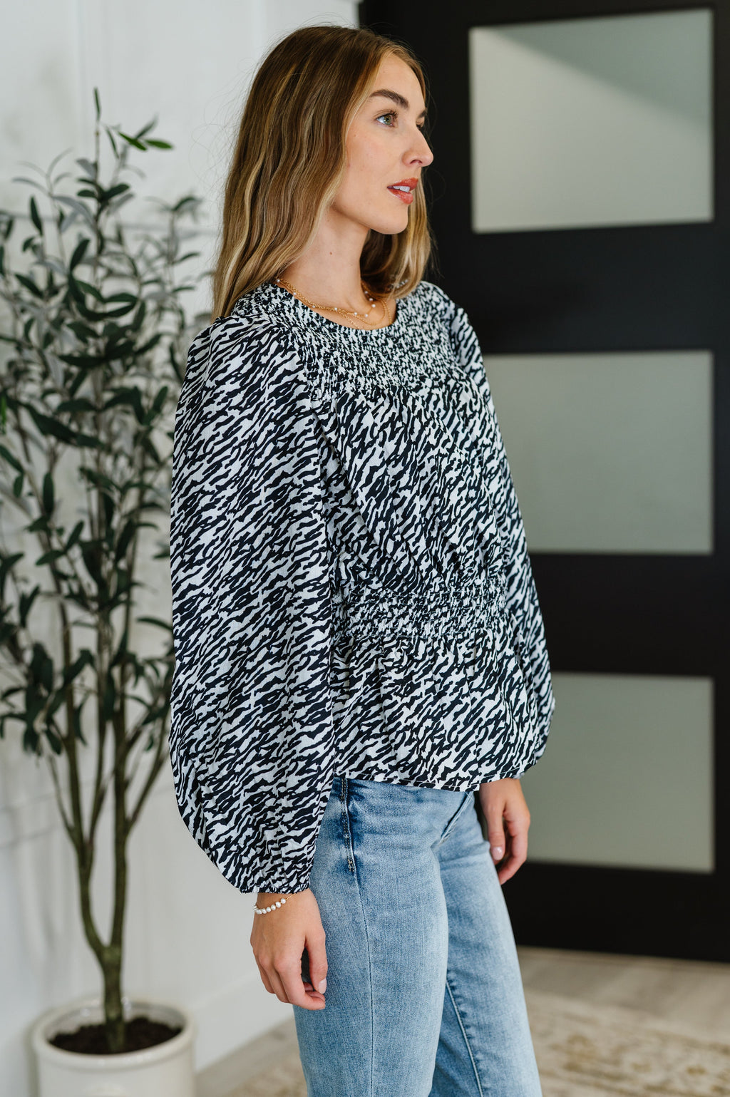 Hazel Blues® |  Muse Moves High Neck Peplum Blouse in Black