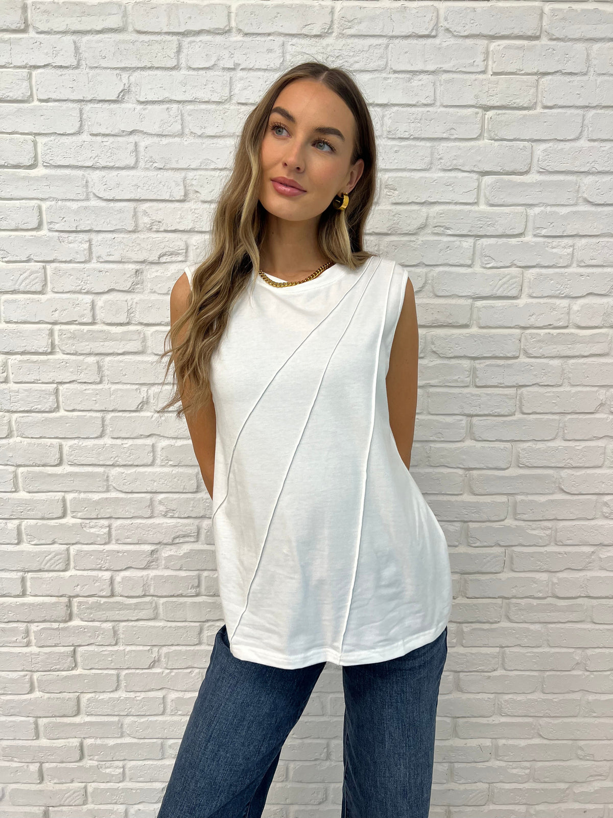 Hazel Blues® |  New Normal Pleat Detail Sleeveless Top in White