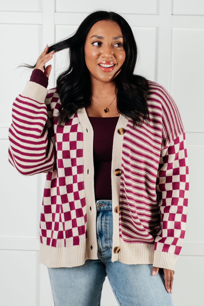 Hazel Blues® |  No Brainer Button Down Sweater Knit Cardigan in Magenta/Oatmeal