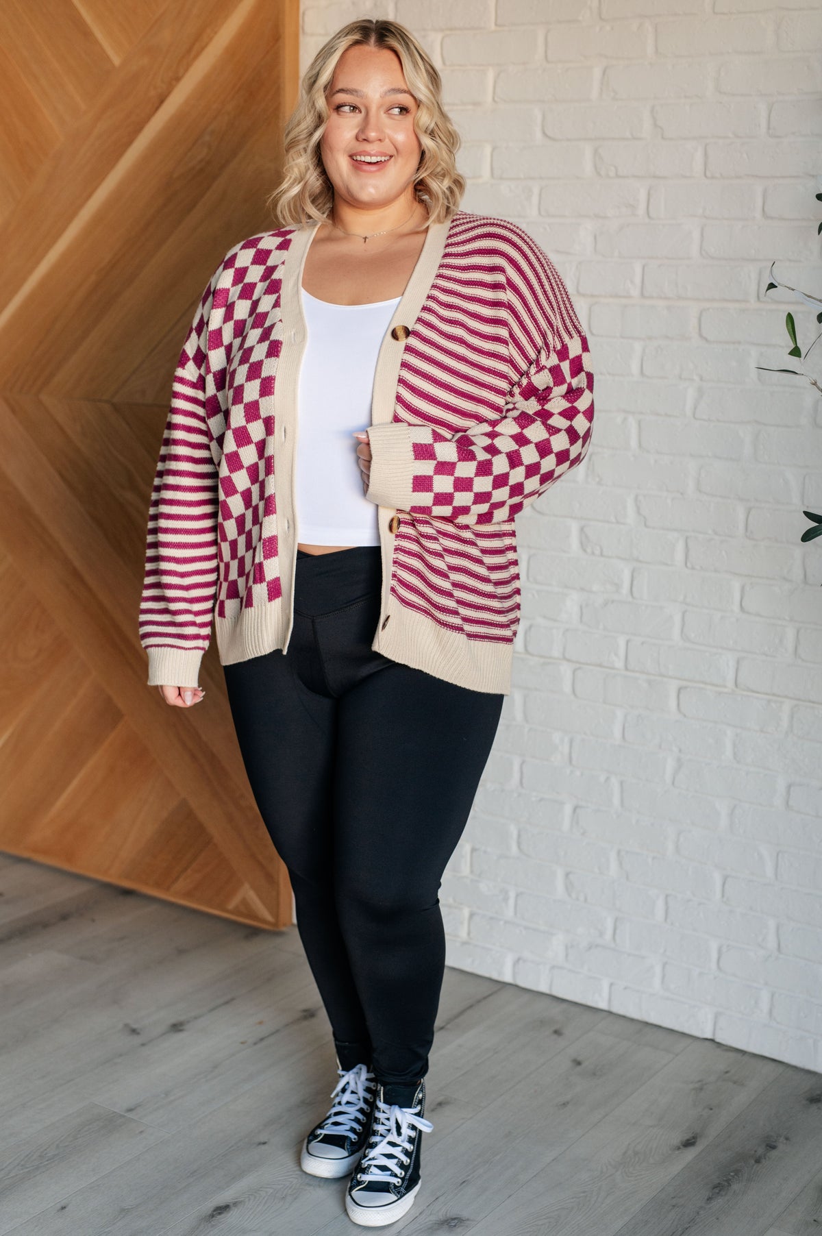 Hazel Blues® |  No Brainer Button Down Sweater Knit Cardigan in Magenta/Oatmeal