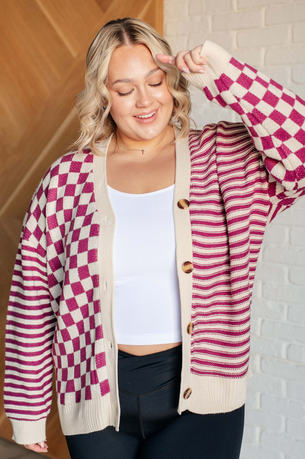 Hazel Blues® |  No Brainer Button Down Sweater Knit Cardigan in Magenta/Oatmeal