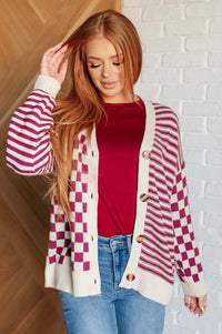 Hazel Blues® |  No Brainer Button Down Sweater Knit Cardigan in Magenta/Oatmeal